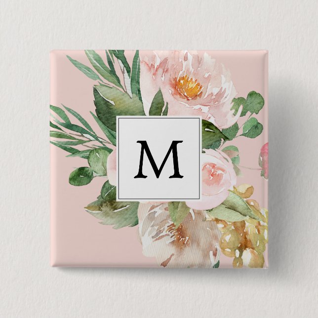 Modern Watercolor Pink Flowers Monogrammed  15 Cm Square Badge (Front)