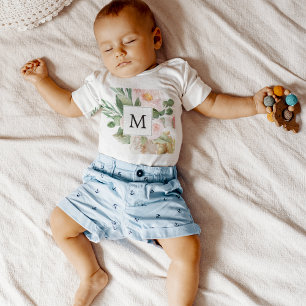 Modern Watercolor Pink Flowers Monogrammed  Baby Bodysuit