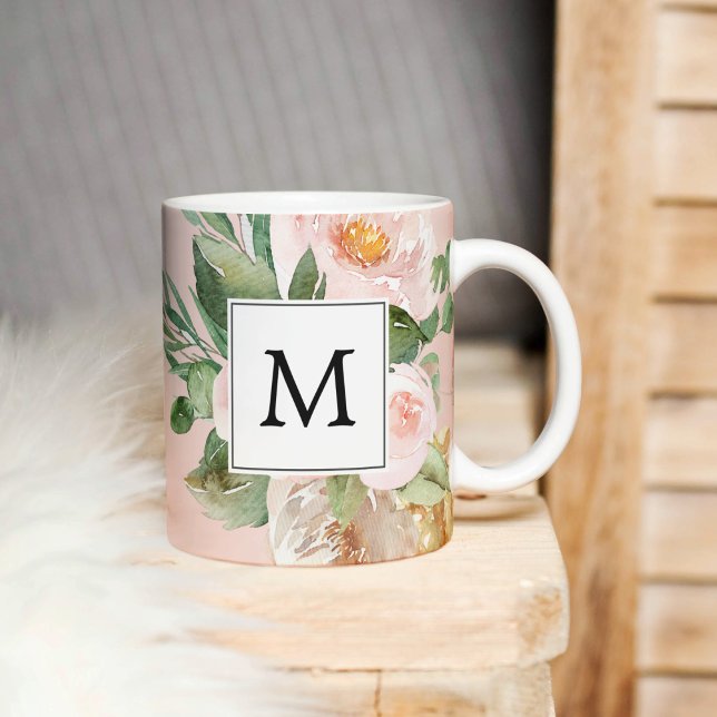 Modern Watercolor Pink Flowers Monogrammed  Coffee Mug (Creator Uploaded)