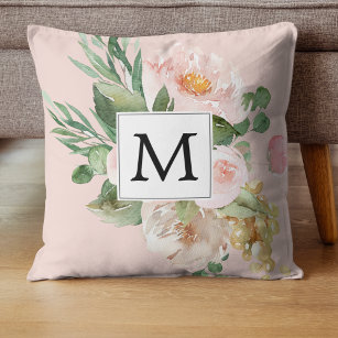 Modern Watercolor Pink Flowers Monogrammed  Cushion