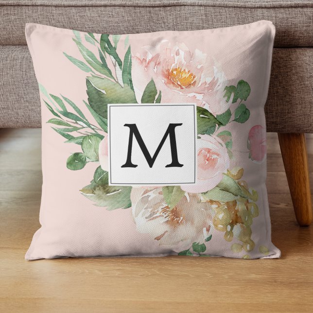 Modern Watercolor Pink Flowers Monogrammed  Cushion (Creator Uploaded)