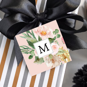 Modern Watercolor Pink Flowers Monogrammed Favour Tags