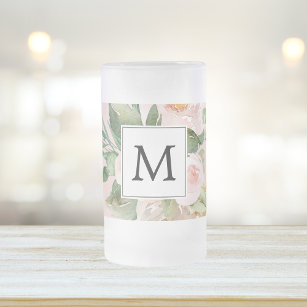 Modern Watercolor Pink Flowers Monogrammed  Frosted Glass Beer Mug