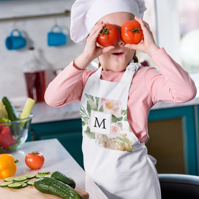Modern Watercolor Pink Flowers Monogrammed  Kids Apron (Creator Uploaded)
