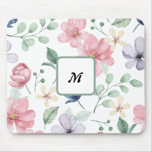 Modern Watercolor Pink Flowers Monogrammed Mouse Mat