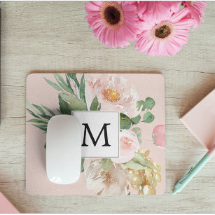 Modern Watercolor Pink Flowers Monogrammed  Mouse Mat