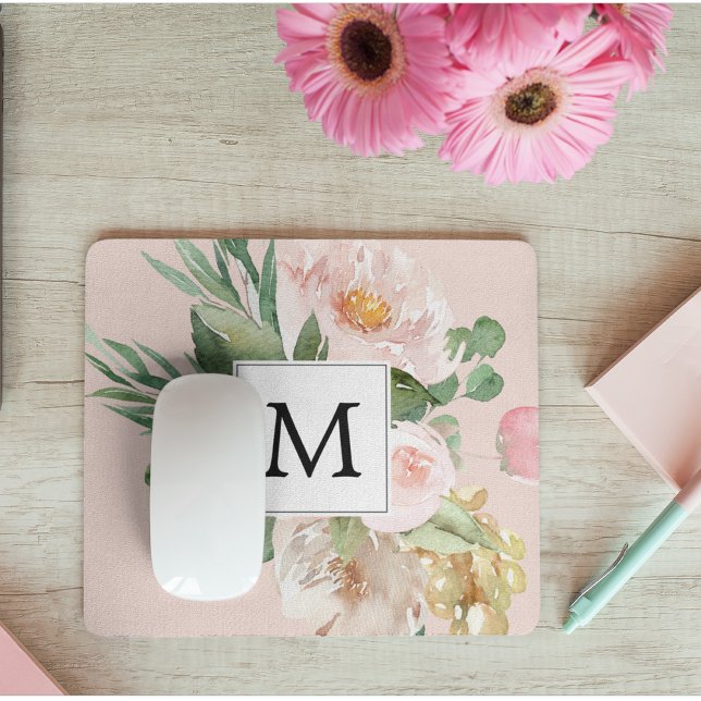 Modern Watercolor Pink Flowers Monogrammed  Mouse Mat (Creator Uploaded)