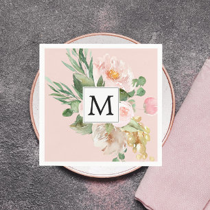 Modern Watercolor Pink Flowers Monogrammed  Napkin