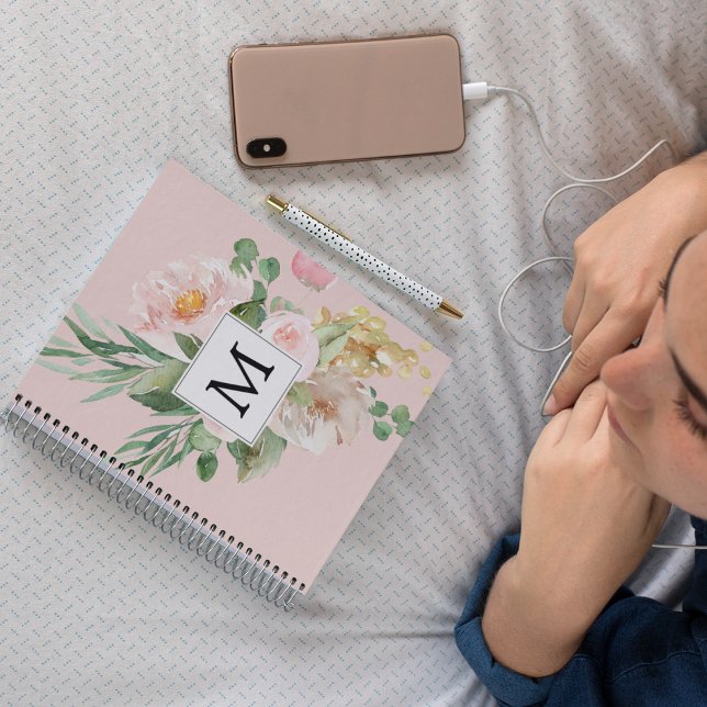 Modern Watercolor Pink Flowers Monogrammed  Notebook (Creator Uploaded)