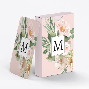 Modern Watercolor Pink Flowers Monogrammed  Playing Cards