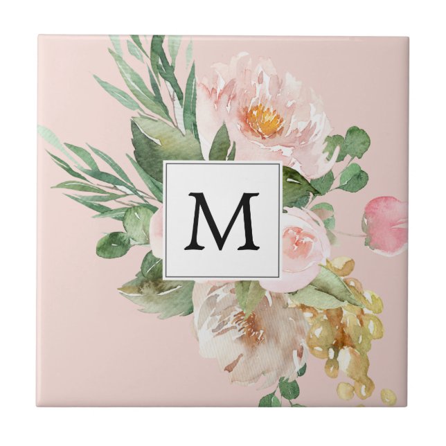 Modern Watercolor Pink Flowers Monogrammed  Tile (Front)