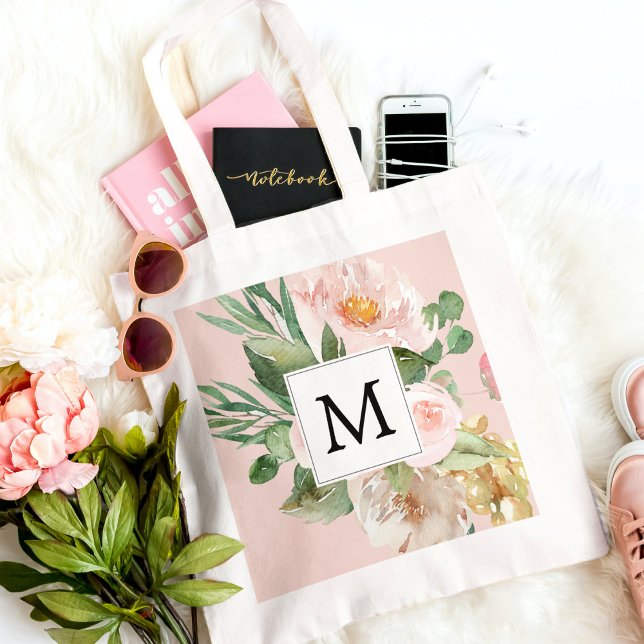 Modern Watercolor Pink Flowers Monogrammed  Tote Bag (Creator Uploaded)