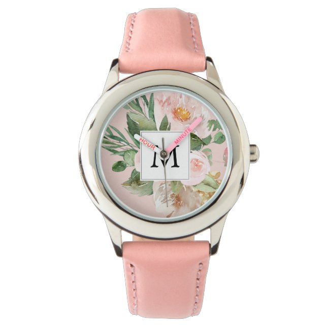 Modern Watercolor Pink Flowers Monogrammed  Watch (Front)