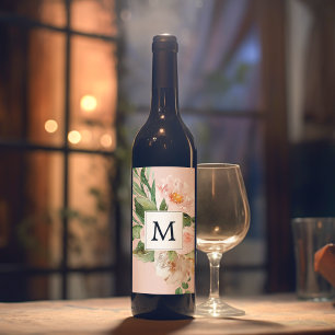Modern Watercolor Pink Flowers Monogrammed  Wine Label