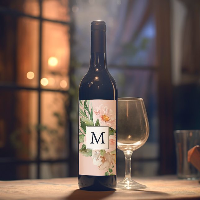 Modern Watercolor Pink Flowers Monogrammed  Wine Label (Creator Uploaded)