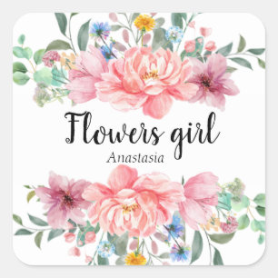 Modern Watercolor Pink Flowers Square Sticker