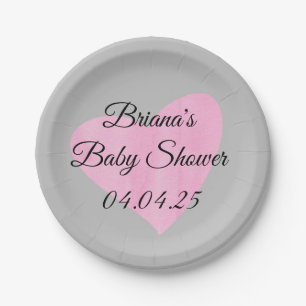 Modern Watercolor Pink Heart Girl Baby Shower Paper Plate