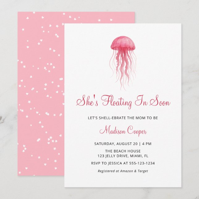Modern Watercolor Pink Jellyfish Girl Baby Shower Invitation (Front/Back)