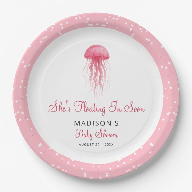 Modern Watercolor Pink Jellyfish Girl Baby Shower Paper Plate (Front)