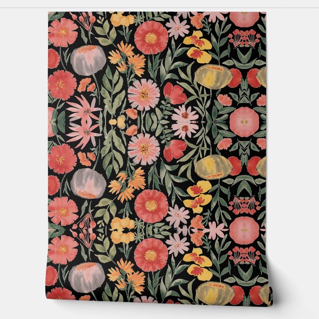 Modern watercolor  pink orange flowers wallpaper (Unrolling)