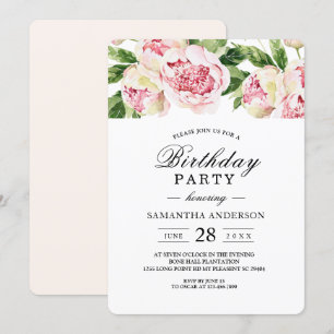 Modern Watercolor Pink Peonies & Green Leaf Invitation