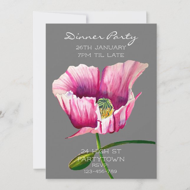 Modern watercolor pink poppy painting invitation (Front)