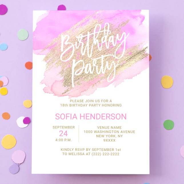 Modern Watercolor Pink Purple Gold Birthday Invitation (Creator Uploaded)