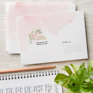 Modern watercolor pink roses gold wedding envelope