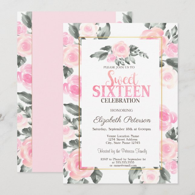 Modern Watercolor Pink Roses Sweet 16  Invitation (Front/Back)