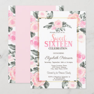 Modern Watercolor Pink Roses Sweet 16 Invitation