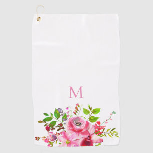Modern Watercolor Pink Summer Floral Monogram Golf Towel