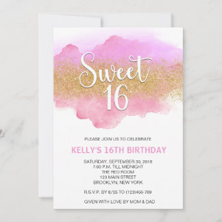 Modern Watercolor Pink Sweet 16 Sixteen Invitation