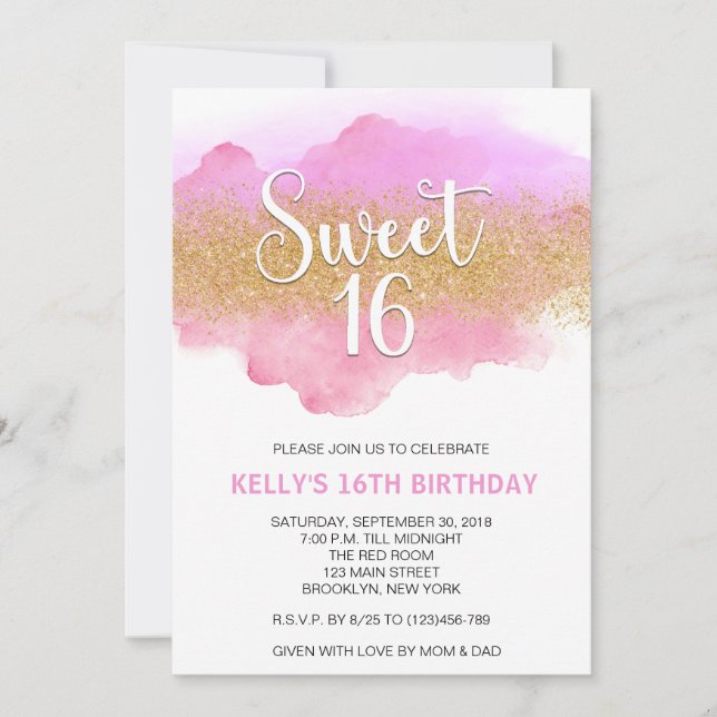 Modern Watercolor Pink Sweet 16 Sixteen Invitation (Front)