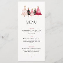 Modern Watercolor Pink Trees Christmas Dinner Menu