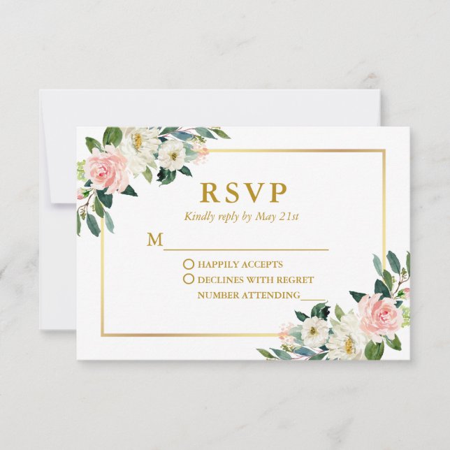 Modern Watercolor Pink White Floral Wedding RSVP Card (Front)