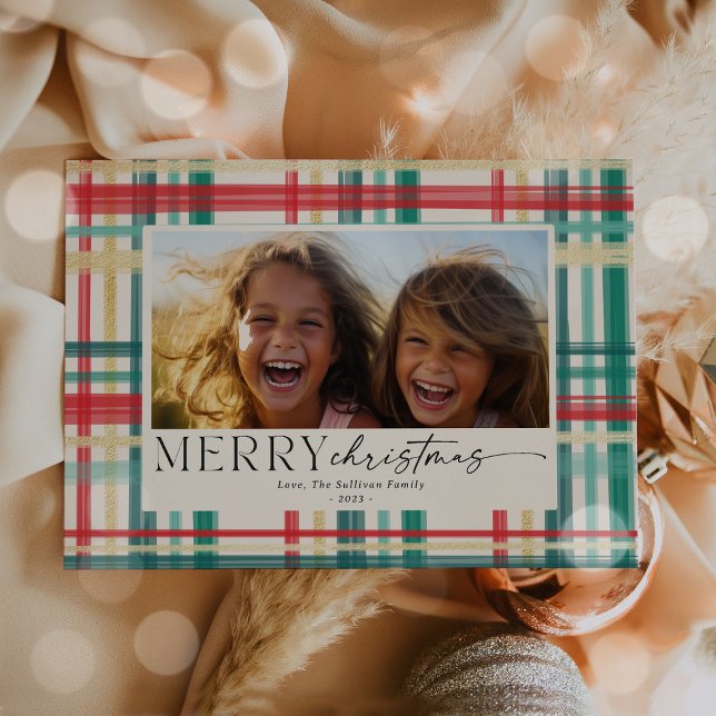 Modern Watercolor Plaid Christmas Photo Holiday Card (Creator Uploaded)