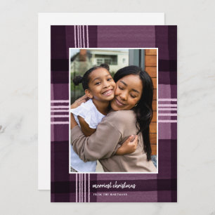 Modern Watercolor Plaid Plum Christmas Photo  Holiday Card