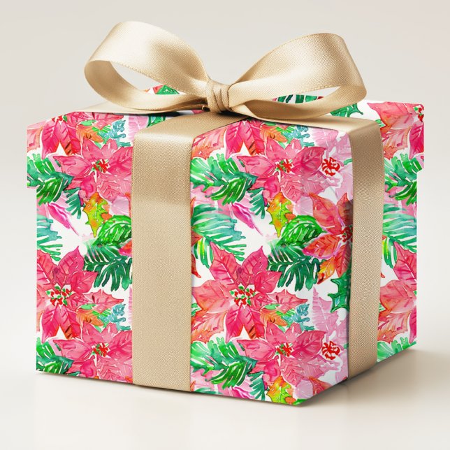 Modern Watercolor Poinsettia Flowers Christmas Wrapping Paper (Creator Uploaded)