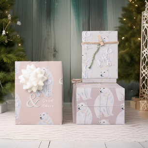 Modern Watercolor Polar Bear Christmas Typography Wrapping Paper Sheet
