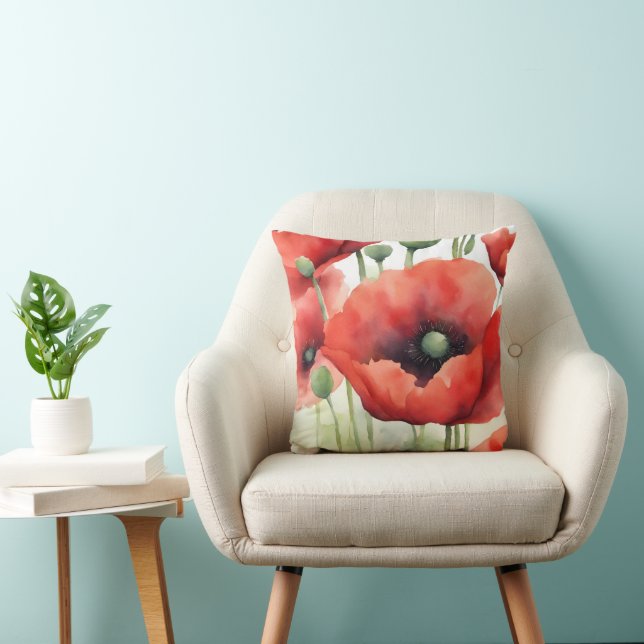 Modern Watercolor Poppies Cushion (Chair)