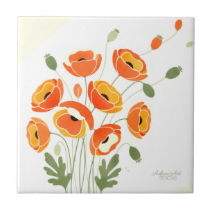 Modern Watercolor Poppies Tile