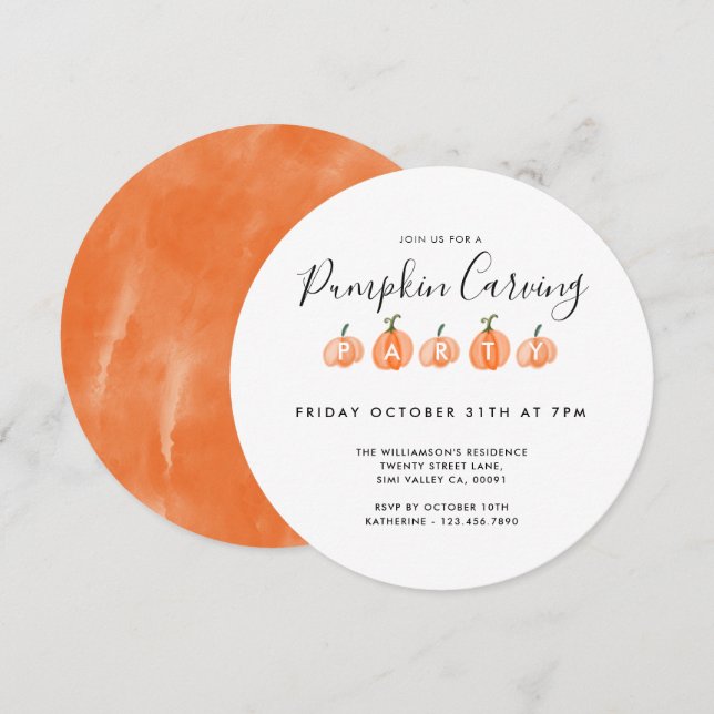 Modern Watercolor Pumpkin Carving Halloween Party Invitation (Front/Back)