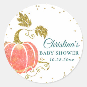 Modern Watercolor Pumpkin Gold Glitter Baby Shower Classic Round Sticker