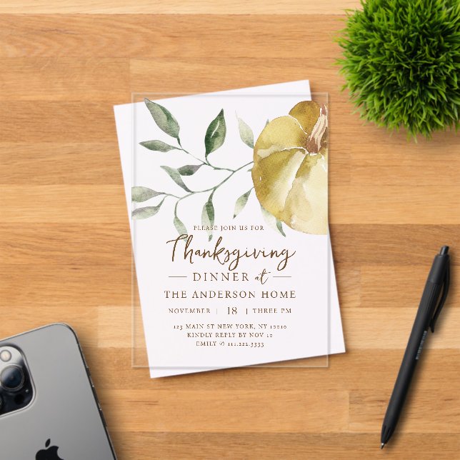 Modern Watercolor Pumpkin Thanksgiving Dinner Acrylic Invitations (Insitu (Invitation Card))