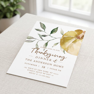 Modern Watercolor Pumpkin Thanksgiving Dinner Invitation