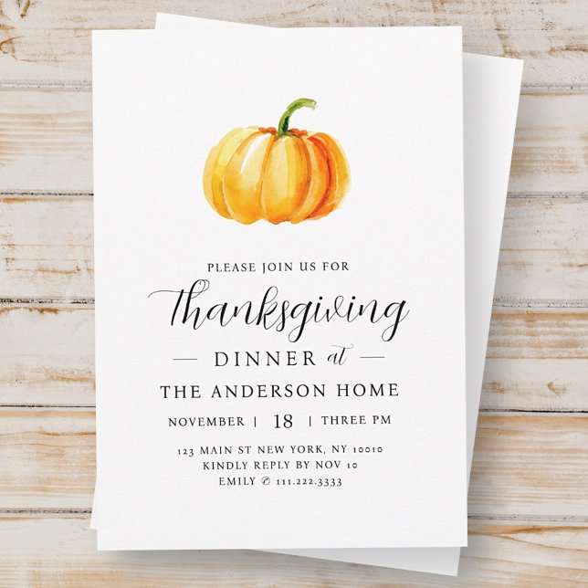 Modern Watercolor Pumpkin Thanksgiving Dinner Invitation (Creator Uploaded)