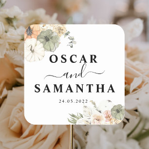 Modern Watercolor Pumpkins & Flowers Square Sticker