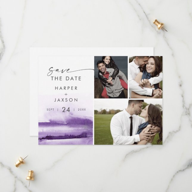 Modern Watercolor | Purple 3 Photo Collage Save The Date (Front/Back In Situ)
