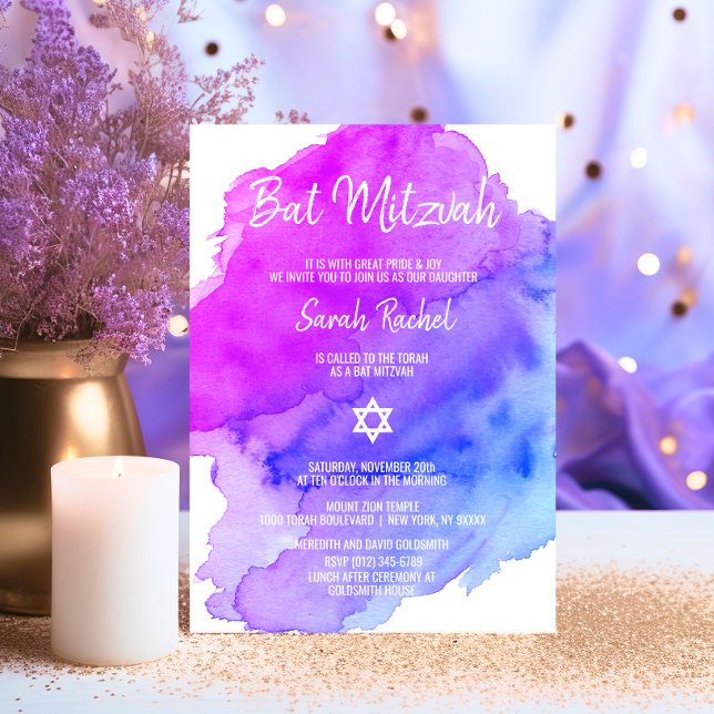Modern Watercolor Purple Blue Star BAT MITZVAH Invitation (Modern Watercolor Purple Blue Star BAT MITZVAH Invitation)