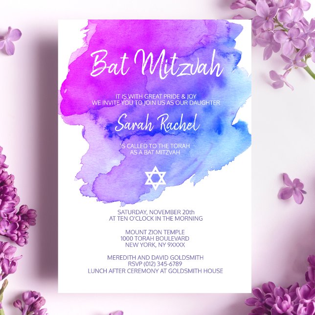 Modern Watercolor Purple Blue Star BAT MITZVAH Invitation (Creator Uploaded)